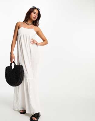 Esmee strappy maxi beach summer dress in white waffle