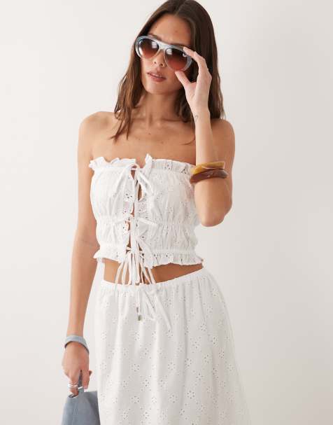 Esmée tie front bandeau broderie crop top in white - view 1