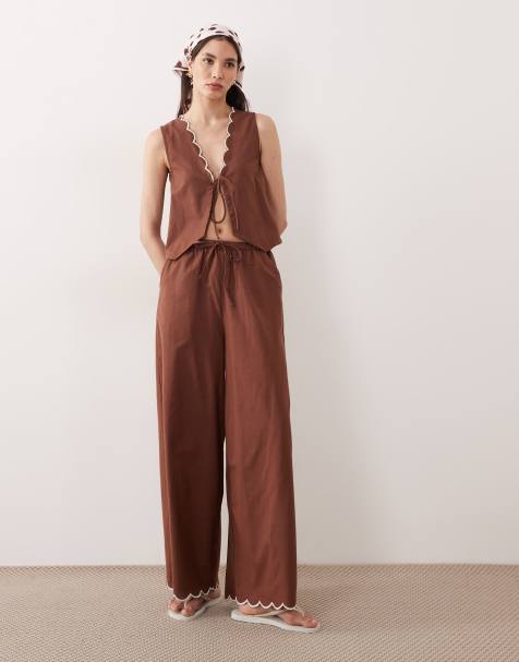 Esmee tie front beach co-ord with cream scallop trim in brown - view 1
