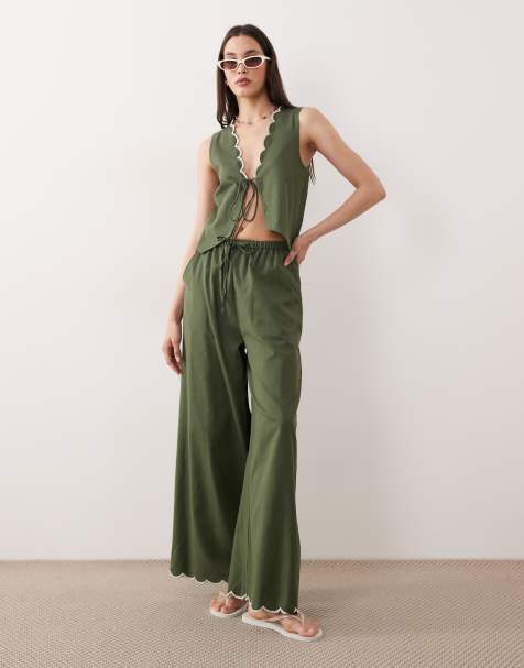 Esmee tie front beach co-ord with cream scallop trim in olive - view 1