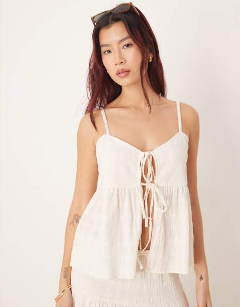 Esmee tie front beach crop top in cream - part of a set - view 1