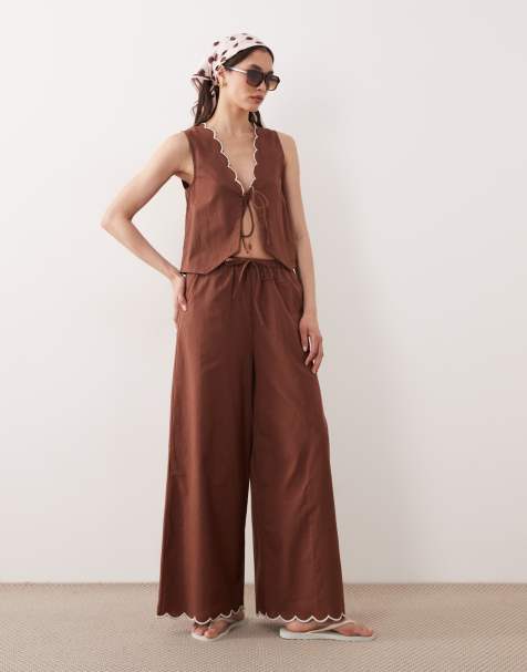 Esmee tie front beach pants with cream scallop trim in brown (part of a set) - view 1