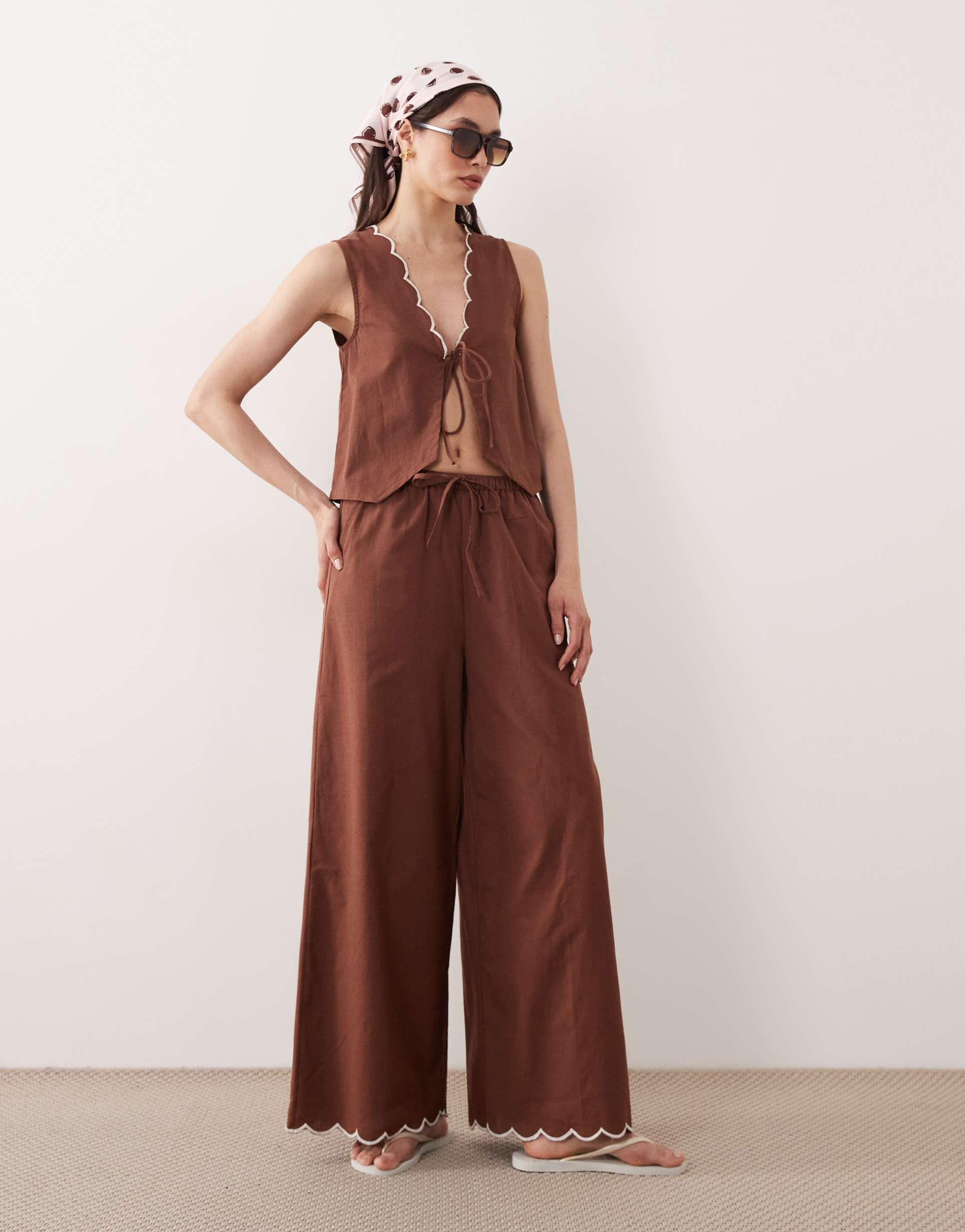 esmée tie front beach pants with cream scallop trim in brown - part of a set