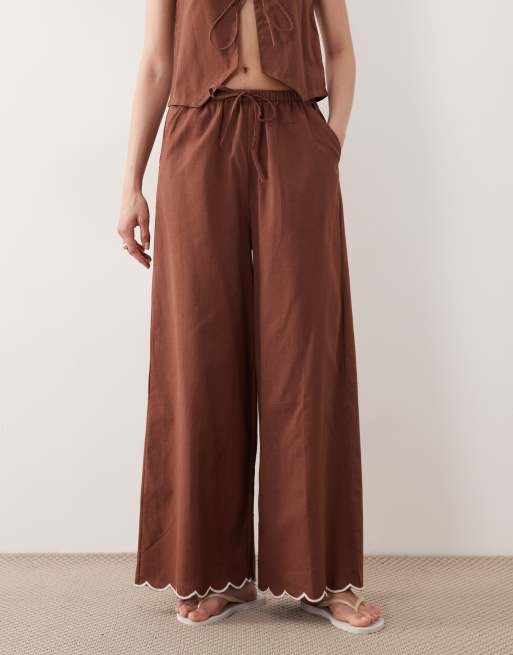 Esmee tie front beach pants with cream scallop trim in brown (part of a set), 5 of 5