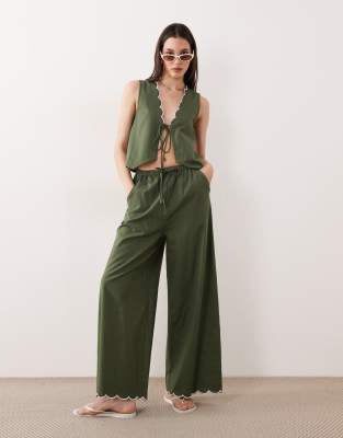 Esmée tie front beach pants with cream scallop trim in olive - part of a set