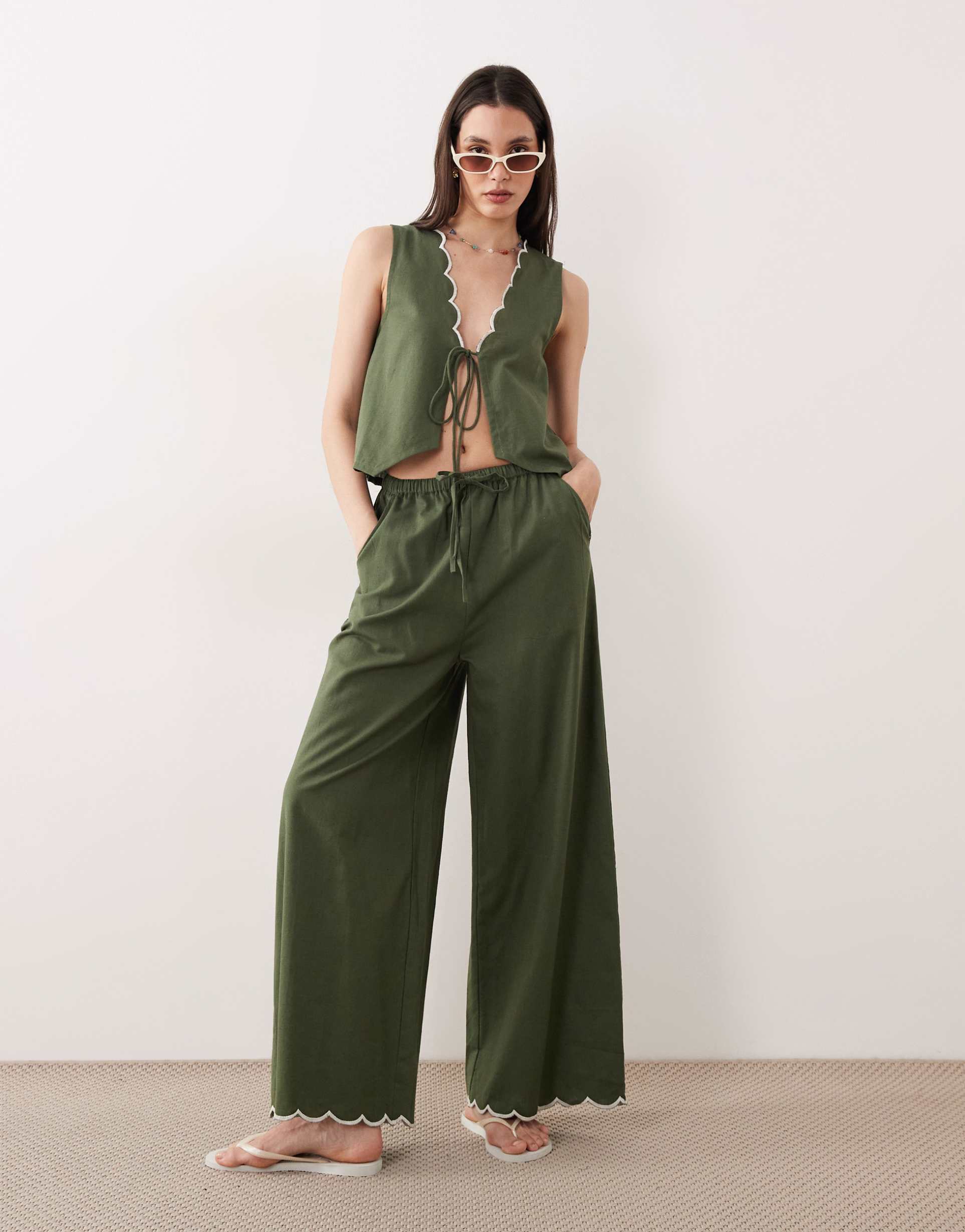 esmée tie front beach pants with cream scallop trim in olive - part of a set