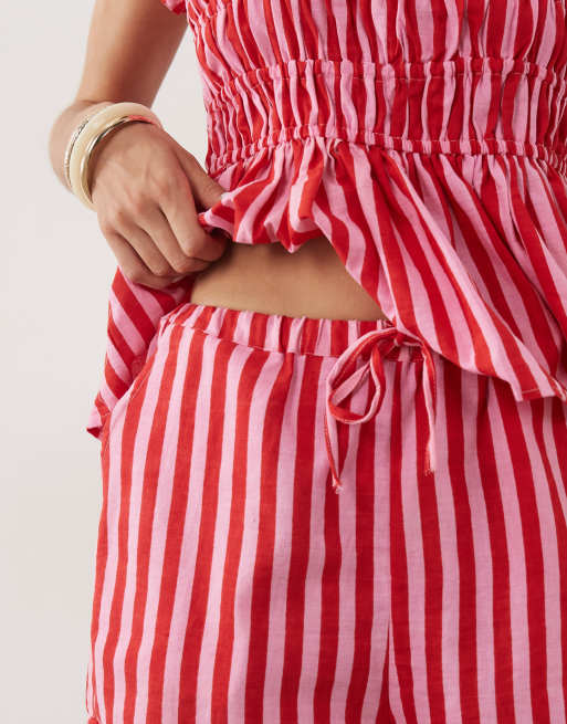 Esmee tie front beach shorts co-ord in pink & red stripe, 5 of 5