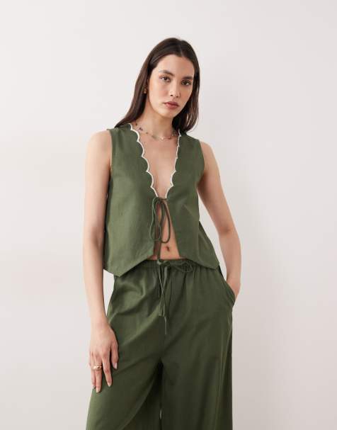 Esmee tie front beach top co-ord with cream scallop trim in olive - view 1