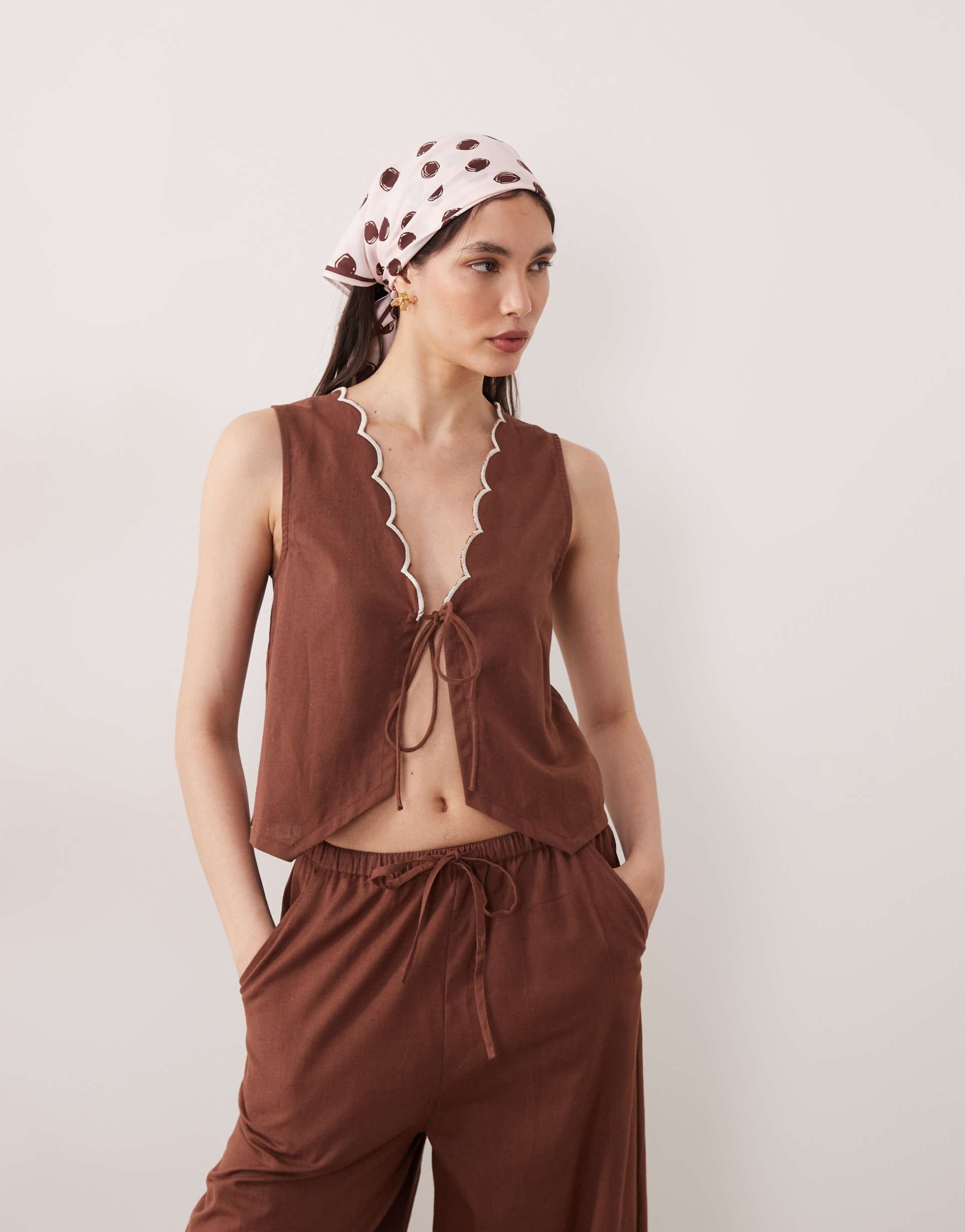 esmee tie front beach top with cream scallop trim in brown - part of a set