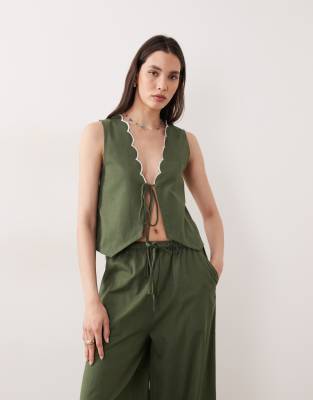 Esmee tie front beach top with cream scallop trim in olive - part of a set