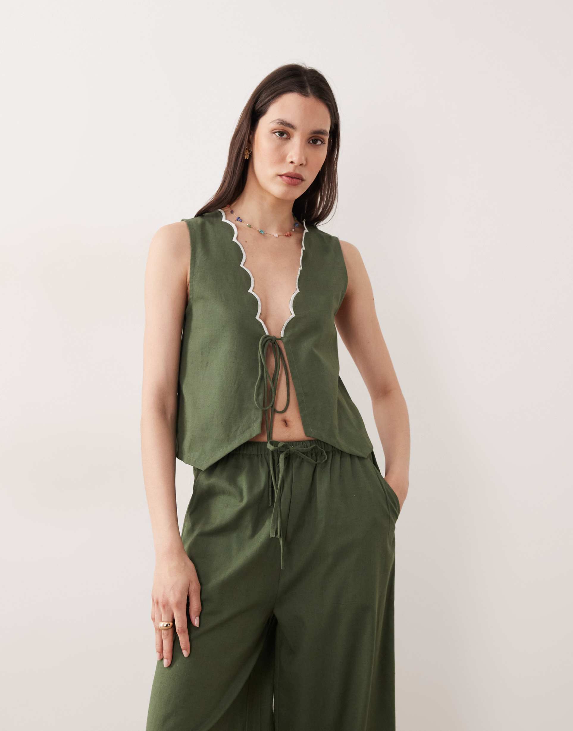 esmee tie front beach top with cream scallop trim in olive - part of a set