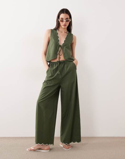Esmee tie front beach trouser co-ord with cream scallop trim in olive - view 1