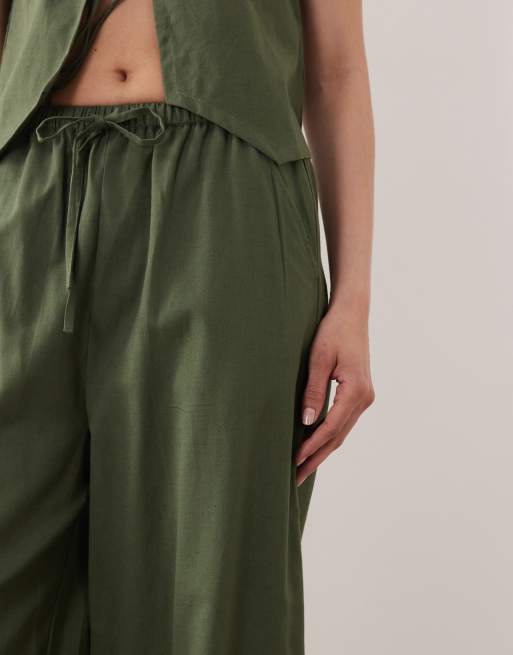 Esmee tie front beach trouser co-ord with cream scallop trim in olive, 2 of 5