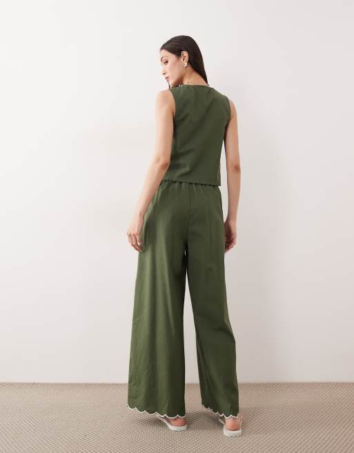 Esmee tie front beach trouser co-ord with cream scallop trim in olive, 3 of 5