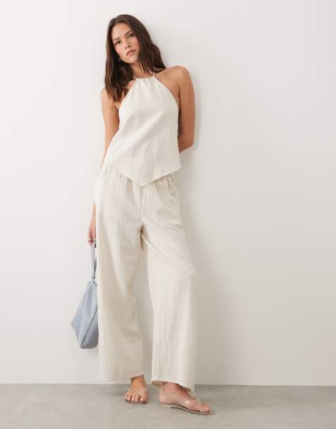 Esmee tie front beach trouser in natural beige - view 1