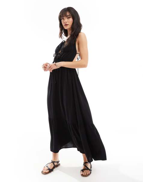 Esmee tie front cut out tiered maxi strappy beach dress in black - view 1