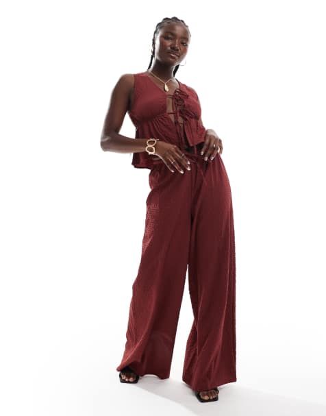 Esmee tie front detail beach set in textured cherry red - view 1