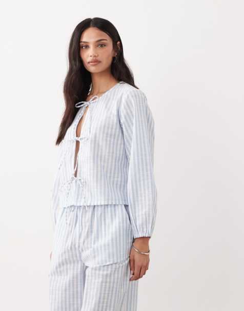 Esmee tie front long sleeve beach top in blue & white stripe (Part of a set) - view 1