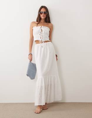 Esmee tie front maxi broderie beach skirt in white
