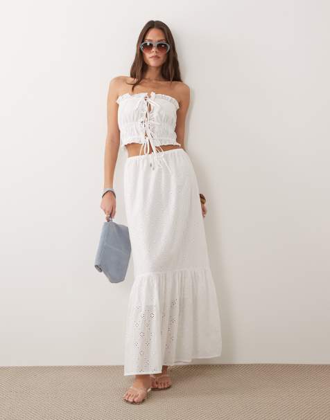 Esmee tie front maxi broderie beach skirt in white - view 1
