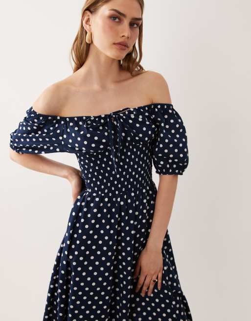 Esmee tie front puff sleeve maxi beach dress in navy polka dot print, 2 of 4
