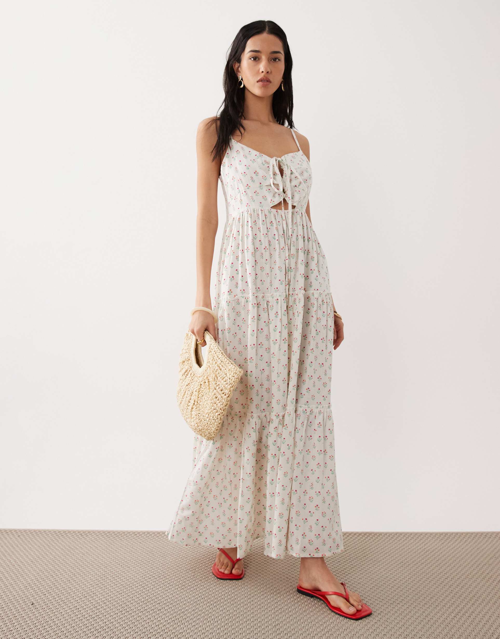 esmée tie front strappy beach maxi dress in micro floral