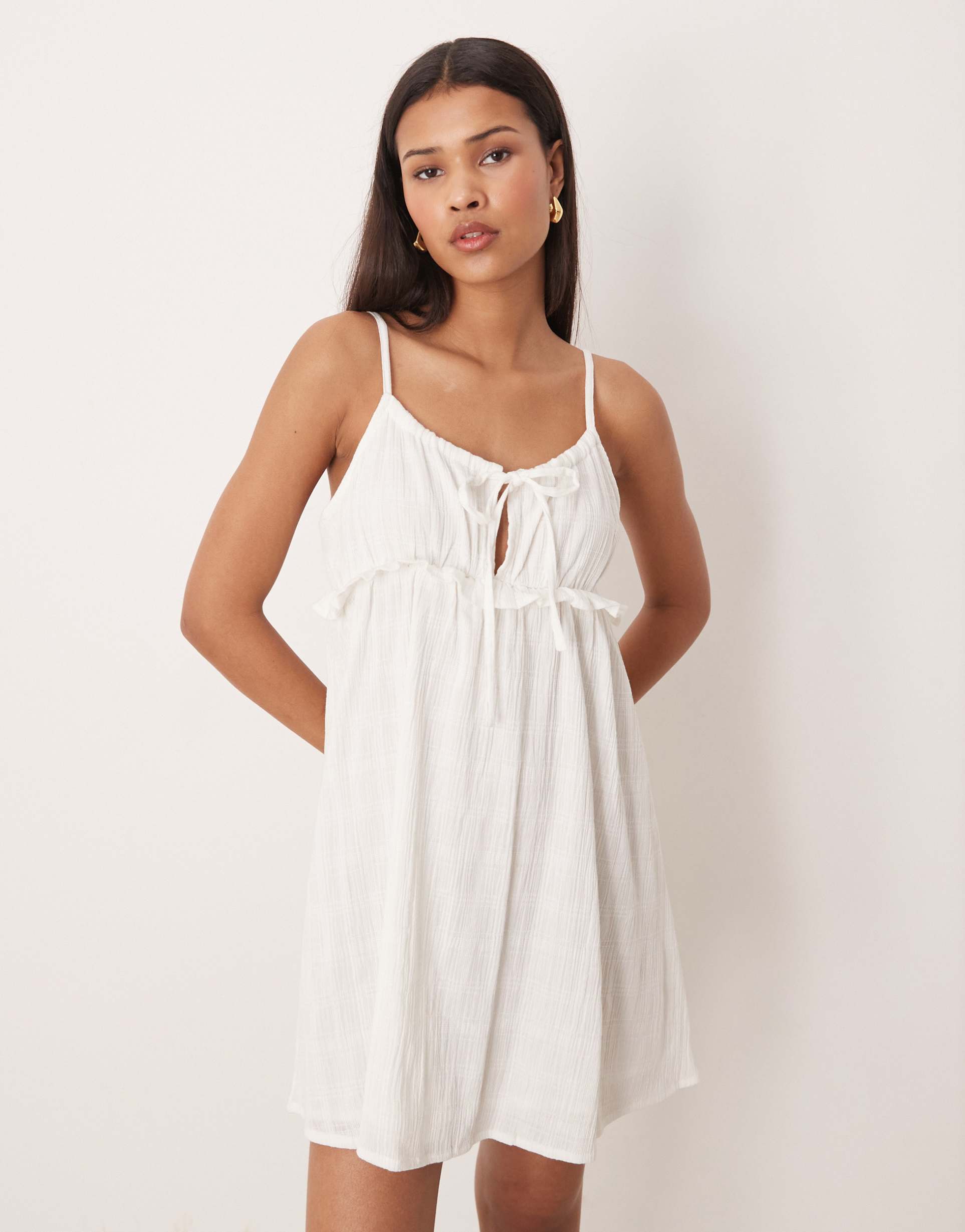 esmée tie front strappy mini beach dress in textured white