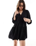 [Esmée] Esmee tie front tiered mini beach dress in black 6 Black