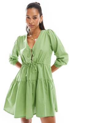 Esmée tie front tiered mini beach dress in green