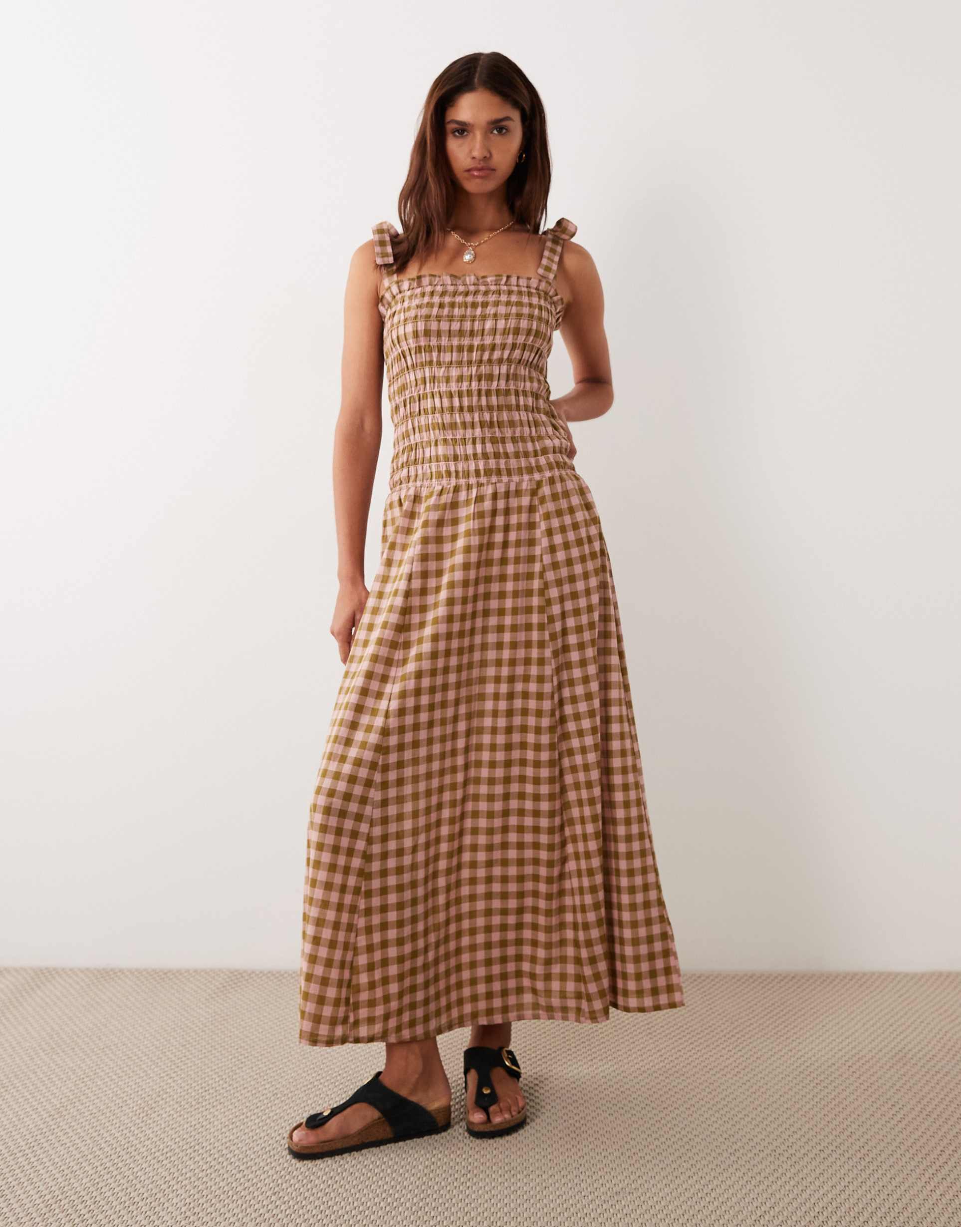 esmée tie strap beach maxi dress in pink & green gingham