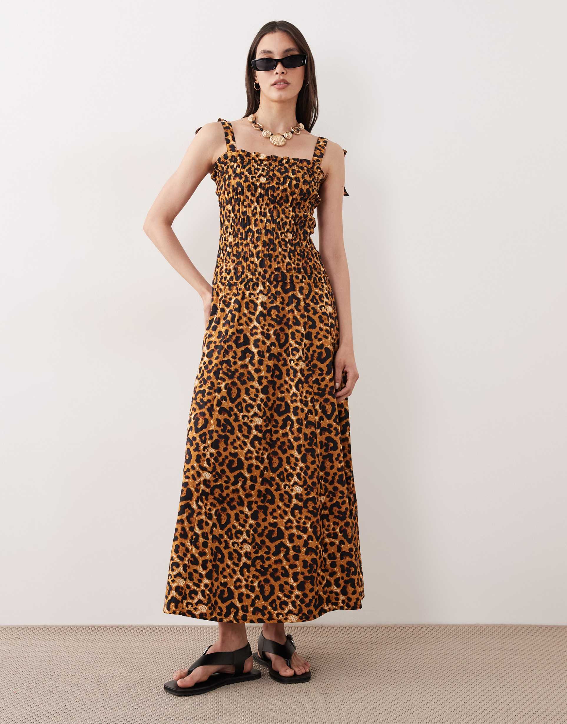 esmée tie strap maxi beach dress in leopard print