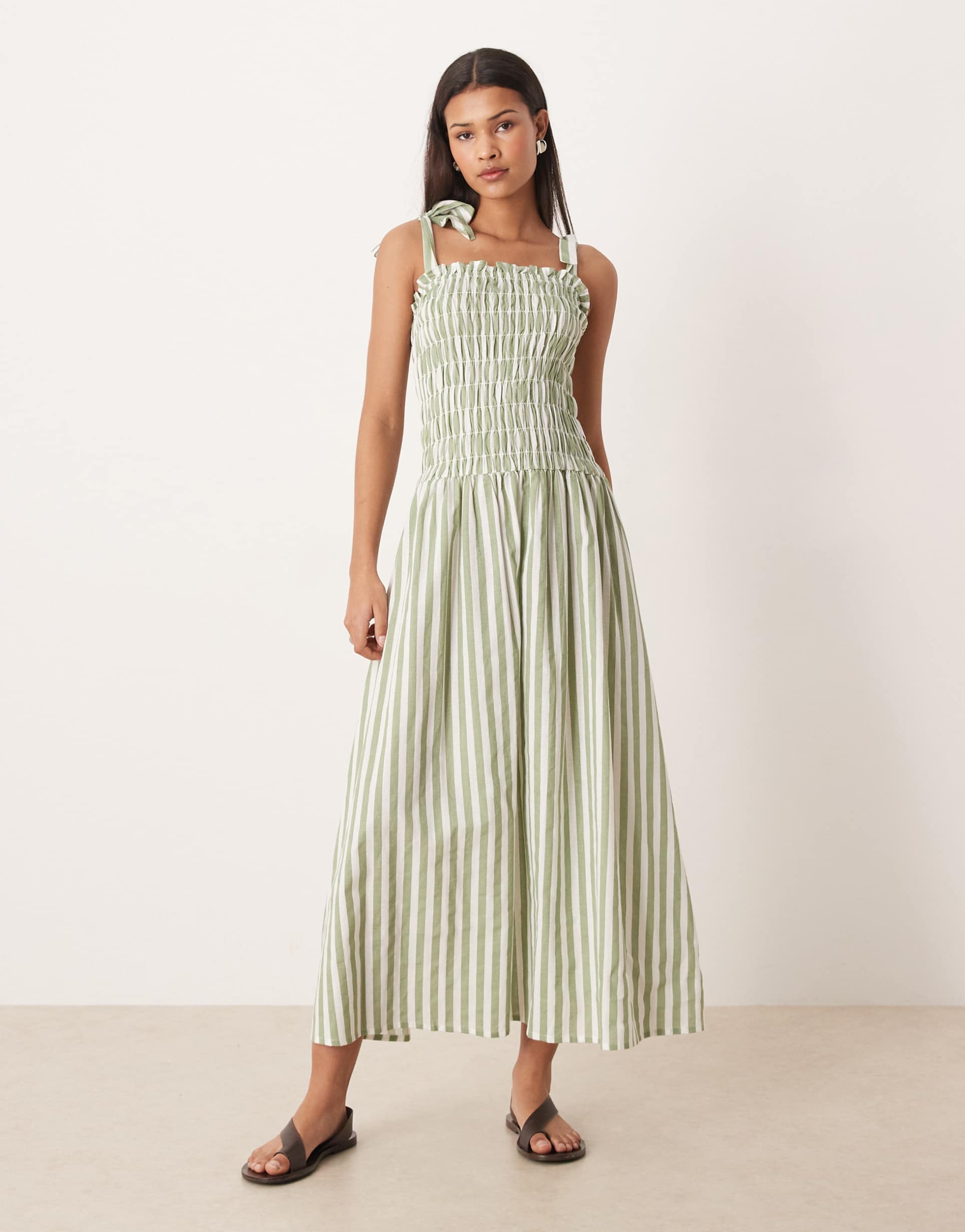 esmée tie strap maxi beach dress in light green stripe
