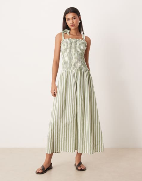 Esmee tie strap maxi beach dress in light green stripe