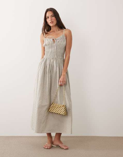 Esmee tie strap shirred beach maxi dress in beige & white stripe - view 1