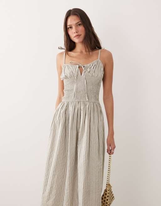 Esmee tie strap shirred beach maxi dress in beige & white stripe, 3 of 4