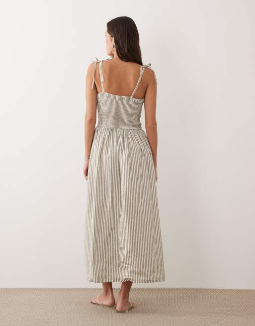 Esmee tie strap shirred beach maxi dress in beige & white stripe, 4 of 4