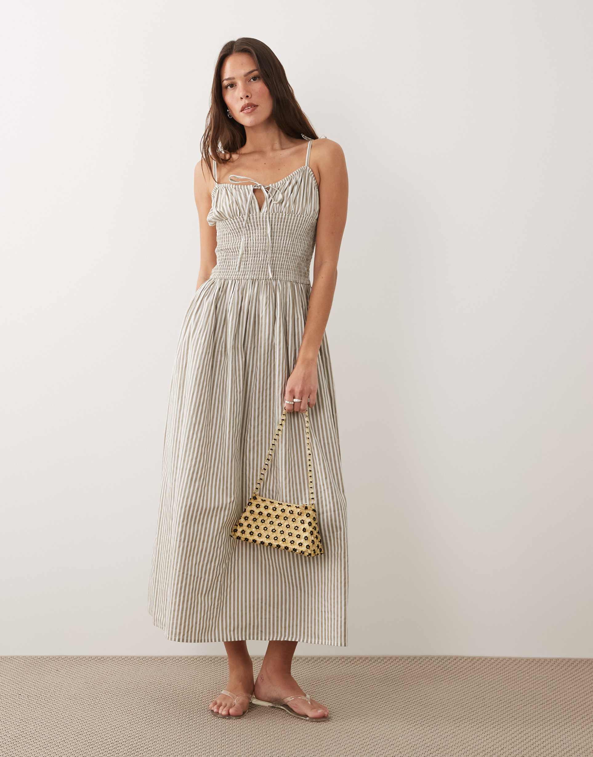esmée tie strap shirred beach maxi dress in beige & white stripes