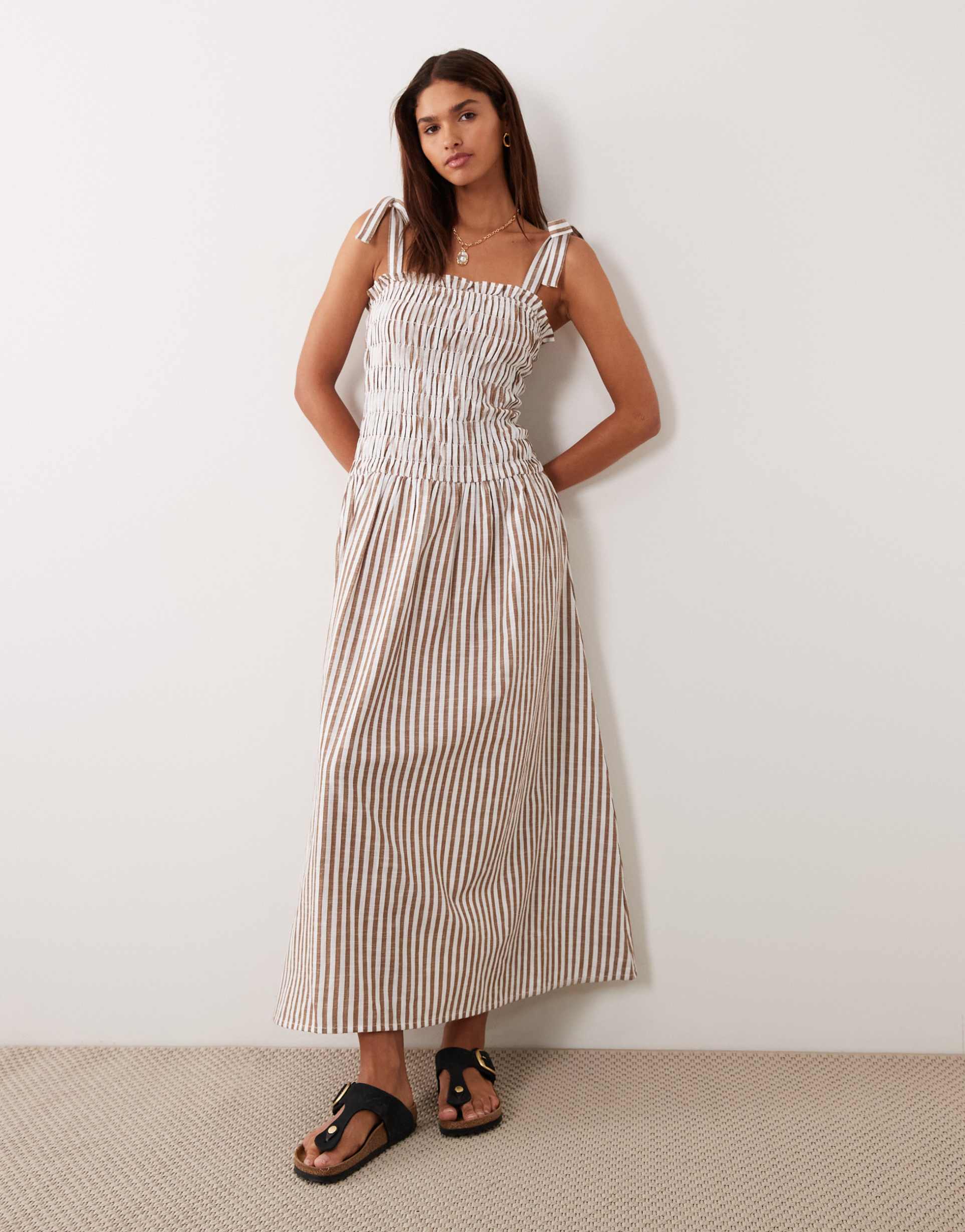 esmée tie strap shirred beach maxi dress in brown & white stripes