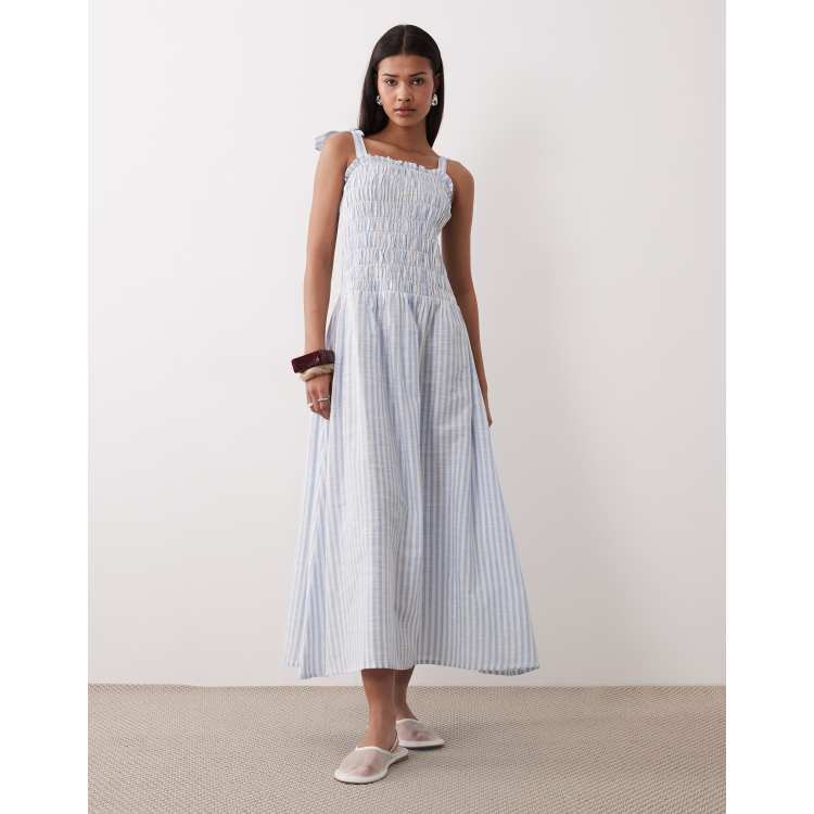 blue and white striped bridesmaid dresses Ontre Blue And White Stripe,Summer,Elegant,Brunch Women's Patchwork Round  Neck Sleeveless Waist Pleated Long Dress, A-Line Maxi Wedding Guest  Vacation Gown