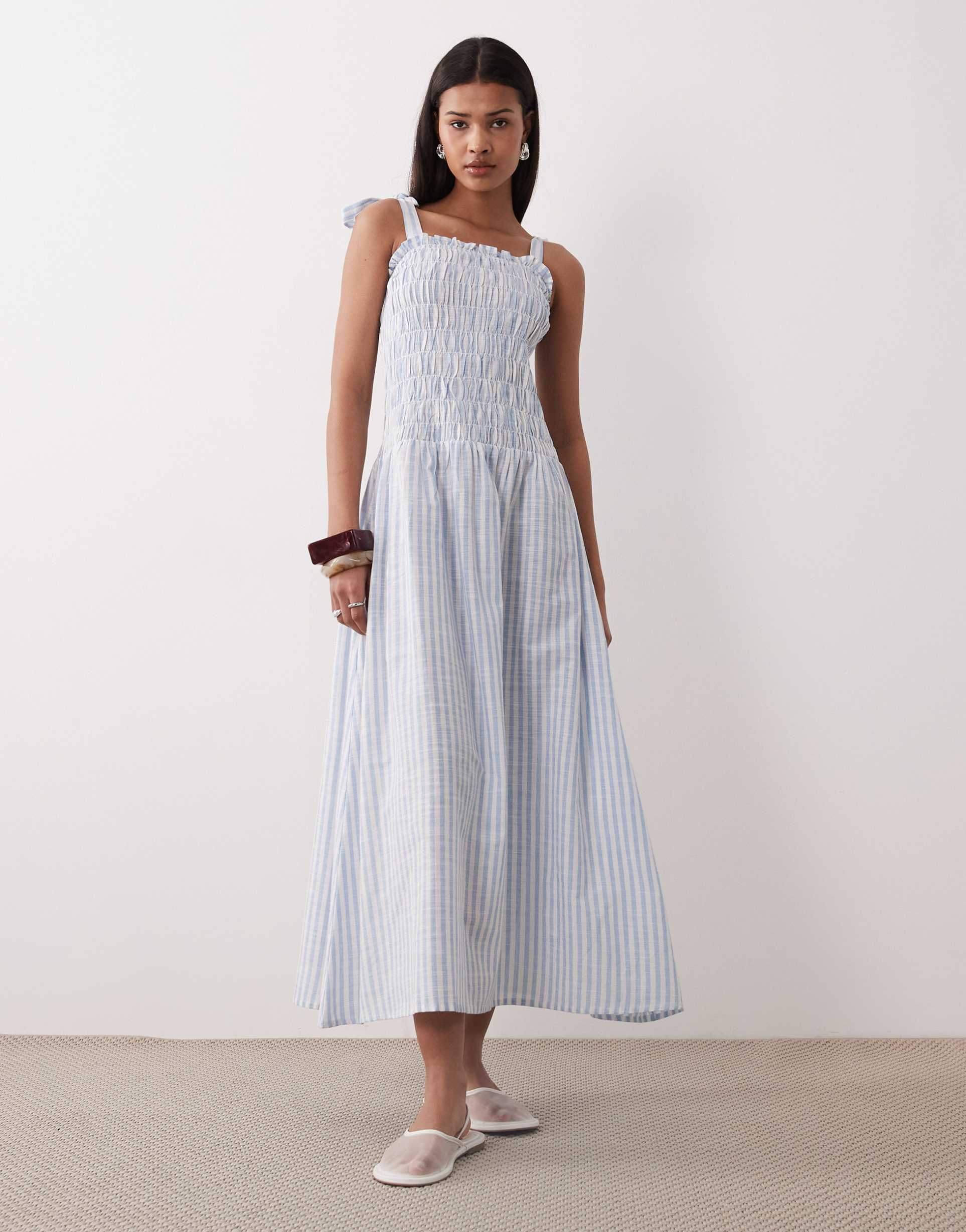esmee tie strap shirred maxi beach dress in blue & white stripe