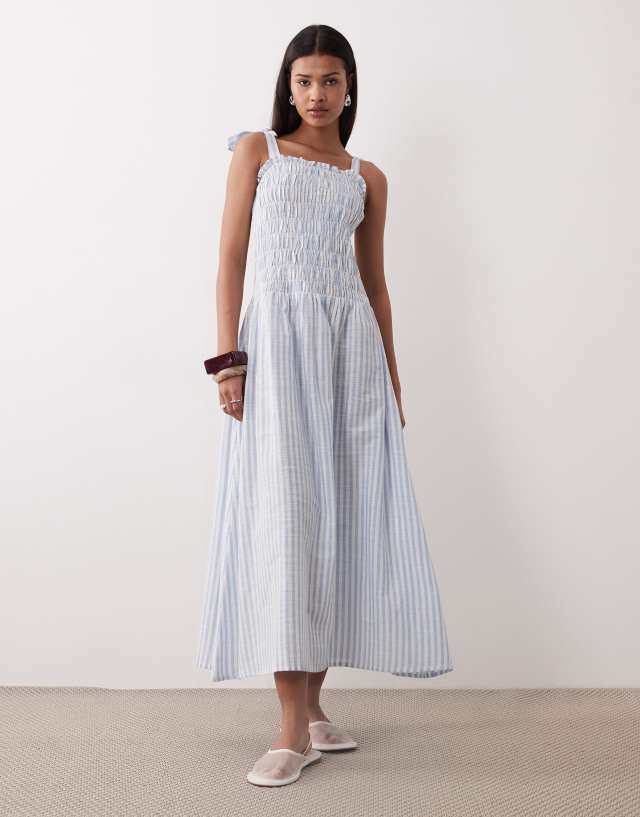 Esmee tie strap shirred maxi beach dress in blue & white stripe