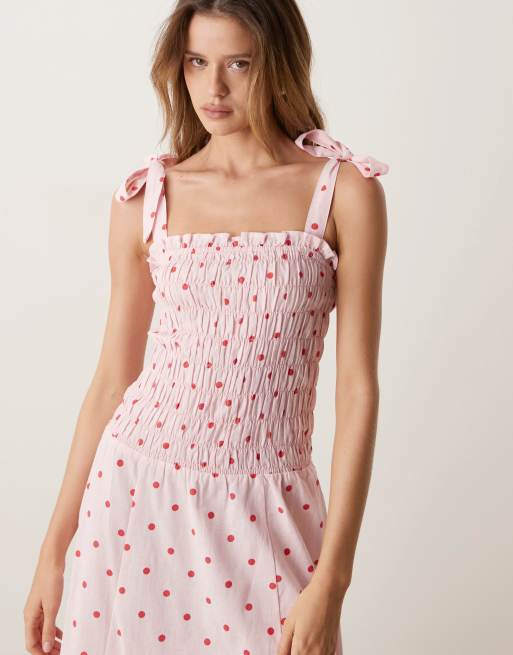 Esmee tie strap shirred maxi beach dress in pink & red polka dot, 2 of 4