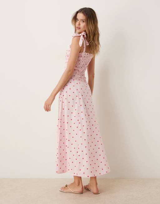 Esmee tie strap shirred maxi beach dress in pink & red polka dot, 3 of 4