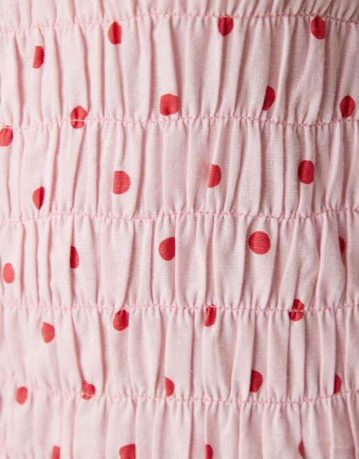 Esmee tie strap shirred maxi beach dress in pink & red polka dot, 4 of 4