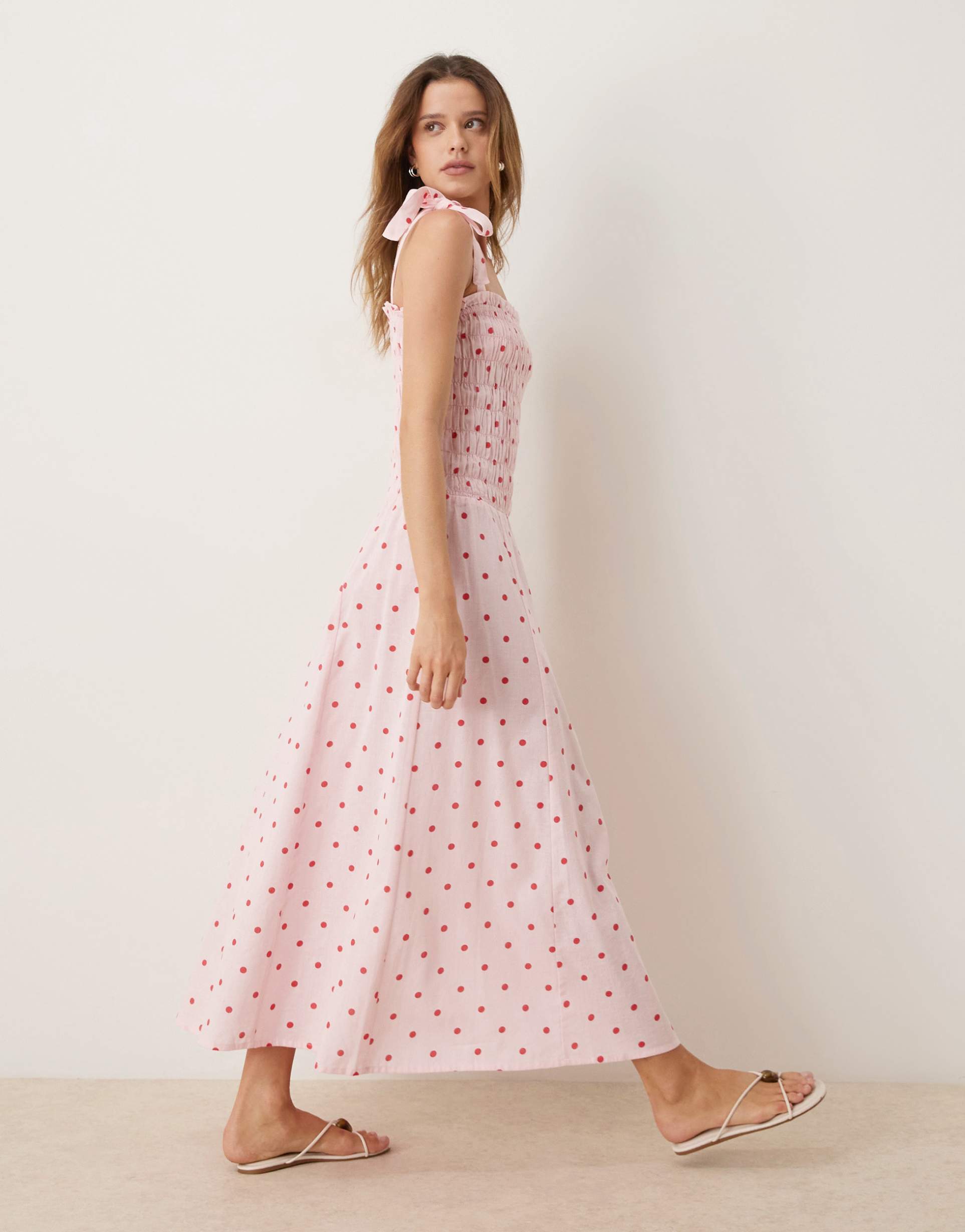 esmée tie straps shirred beach midaxi dress in pink & red polka dots