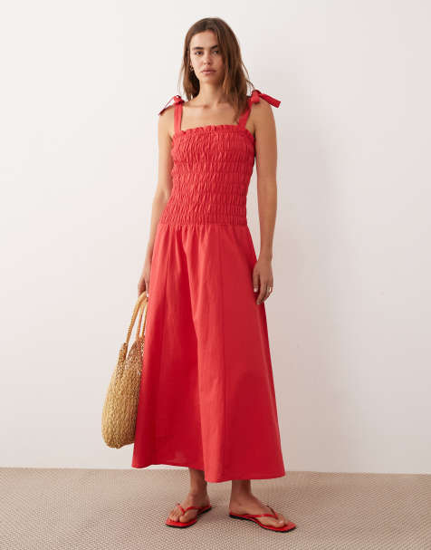 Esmée tie straps shirred waist beach midaxi dress in red - view 1