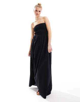 Esmée - Trägerloses Maxi-Strandkleid in Schwarz mit gesmokter Taille