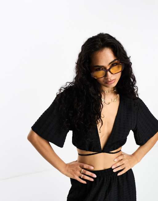 Esmee - Vaffeltekstureret sommer-croptop i sort - Del af sæt 