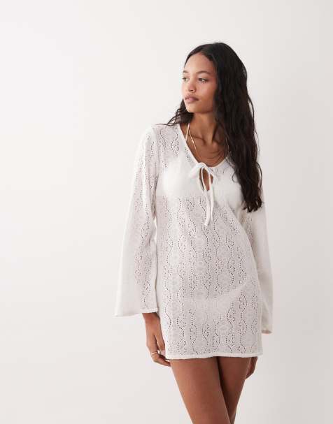 Esmée - Vestito copricostume corto bianco in maglia allacciato sul davanti  - view 1