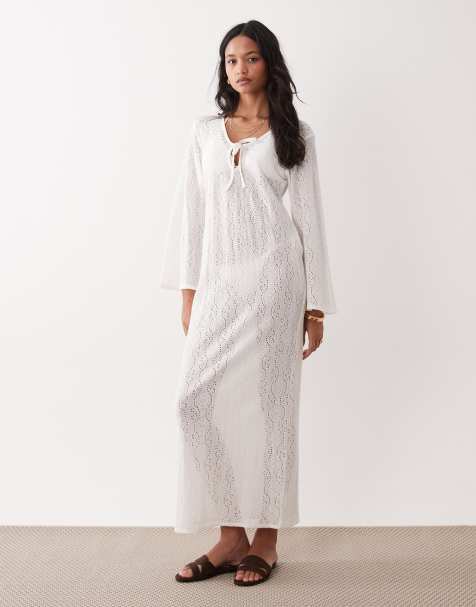 Esmée - Vestito copricostume lungo bianco in maglia allacciato sul davanti - view 1